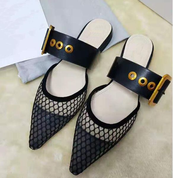 

2019 d brand new european head flat sandals breathable mesh lattice metal belt buckle flat shoes eu size 34-41, Black
