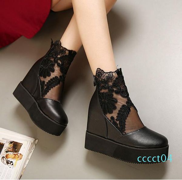 

buld silk lace white silver wedge sandals high platform heels invisible height increased peep toe women shoes 2 colors size 35 to 39 ct04, Black