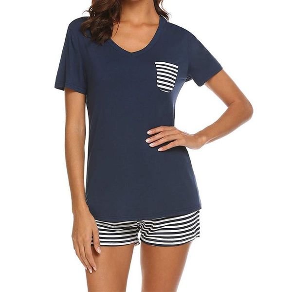

loose short sleeve v neck nightwear summer with pocket soft cotton blend home clothing sleeping women sleepwear set shorts, Black;red