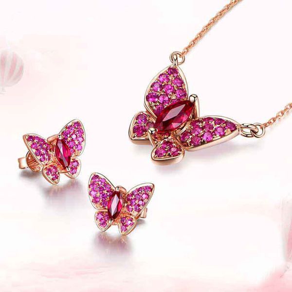 Encantadoras mulheres jóias de alta quaity rosa banhado a ouro CZ Borboleta brincos colar para meninas mulheres bom presente para amigo