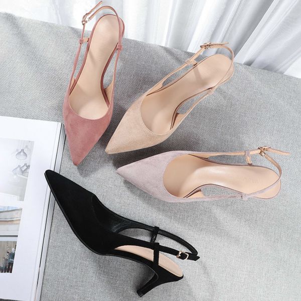 

2020 shoes woman thin high point toe slingbacks solid flock office ladies work dress sandals wedding heels t200615, Black