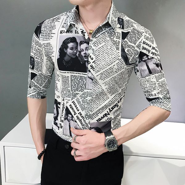 

2020 азиатского размера мужчина мода газета рубаха slim fit 3/4 рукав рубашка муж топ хлопка для мужчин мужской стрит, White;black