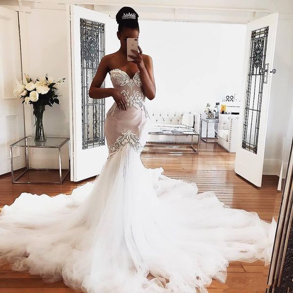

nigeria gorgeous sweetheart neck mermaid wedding dresses 2019 lace applique south african bridal gown tulle sweep train vestido de novia, White