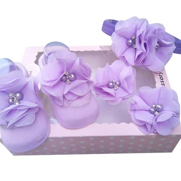

new baby socks and headband hairclip set lovely flowers bow decorated anti-slip cotton ankle socks with elastic hair band set, Slivery;white