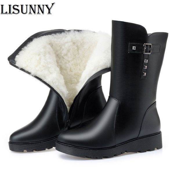 

winter women snow long boots 2020 shoes large sizes female flat genuine leather wool non-slip mother boots winter footwear, Black