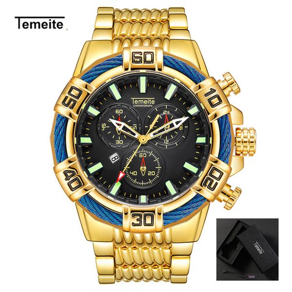 

temeite brand luxury golden men's quartz watches sports watch men waterproof military male gold wristwatch relogio masculino, Slivery;brown