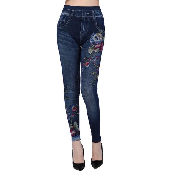 

2019 women jean faux denim jeans ladies seamless floral print full trousers plus size streetwear jean taille haute, Blue