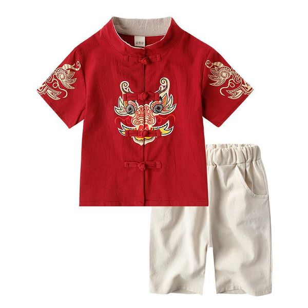 

china clothing children boy summer tang dynasty suit kids traditional chinese dance costumes folk national costume 2pcs dqs1954, Black;red