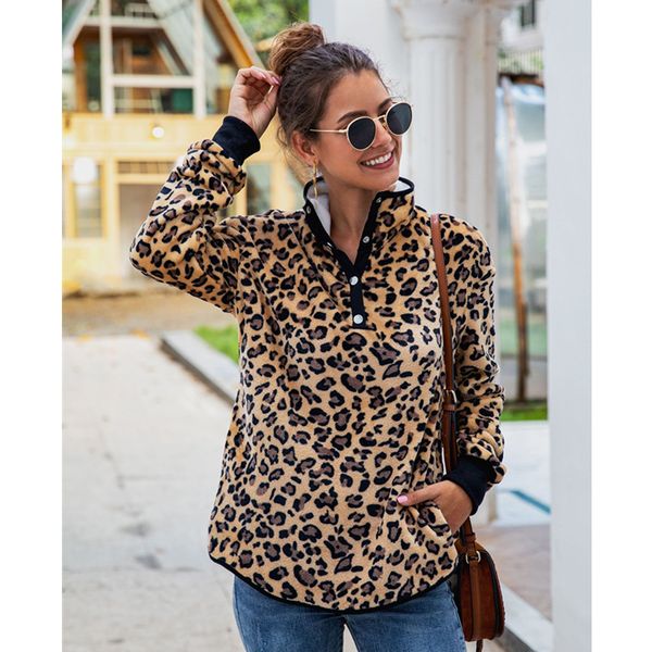 

2019 fall/winter leopard button pocket long sleeve women sweatshirt pink camel apricot winter coat women, Black