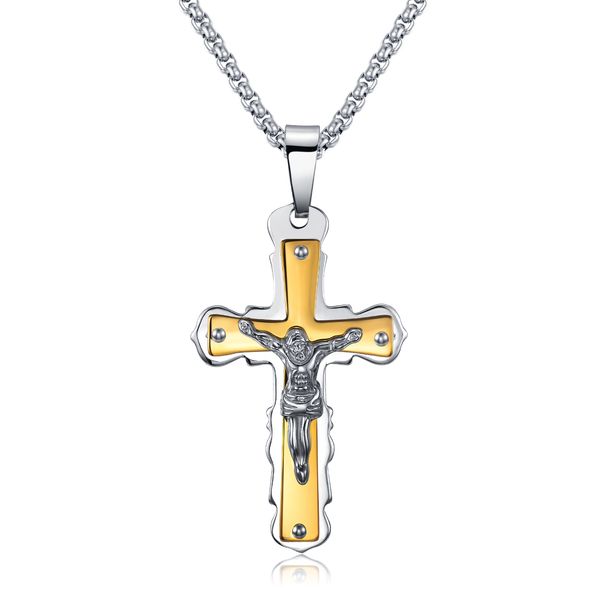 

2016 new fashion heavy metal stainless steel antique cross crucifix jesus biker pendant necklace punk rock biker jewelry silver gold