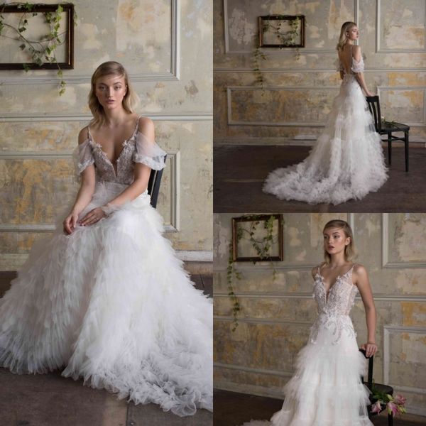 

limor rosen 2019 a line wedding dresses spaghetti lace applique sequins ruffles tiered skirts backless bridal gowns plus size robe de mariÃ©e, White