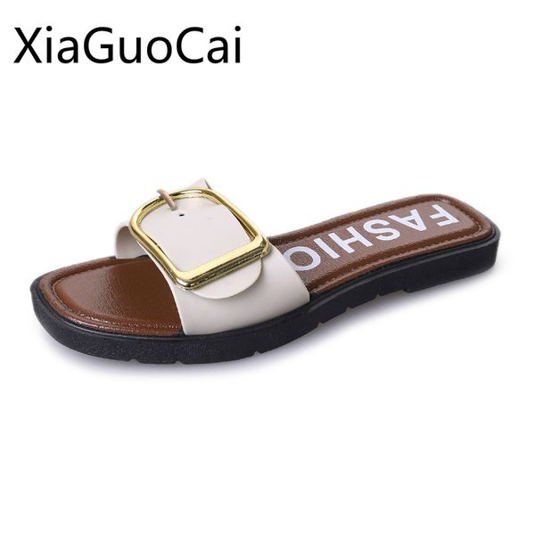 

women slippers outside women basic buckle dormitory spring and autumn slip on female slippers flat slides, Black