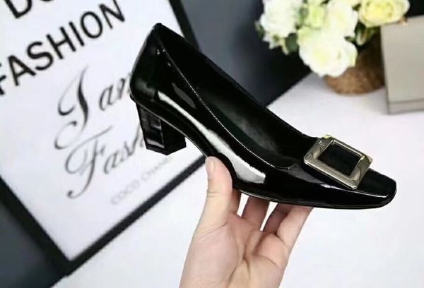 

fashonville~2020030803 34/40 grey red black burgundy beige 4.5cm gold square buckle chunky heel shoes patent leather fashion
