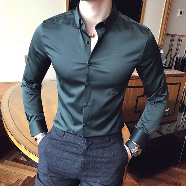 

2019new quality dress business men long-sleeved quality shirt casual formal design shirt oversized man solid color shirts, White;black