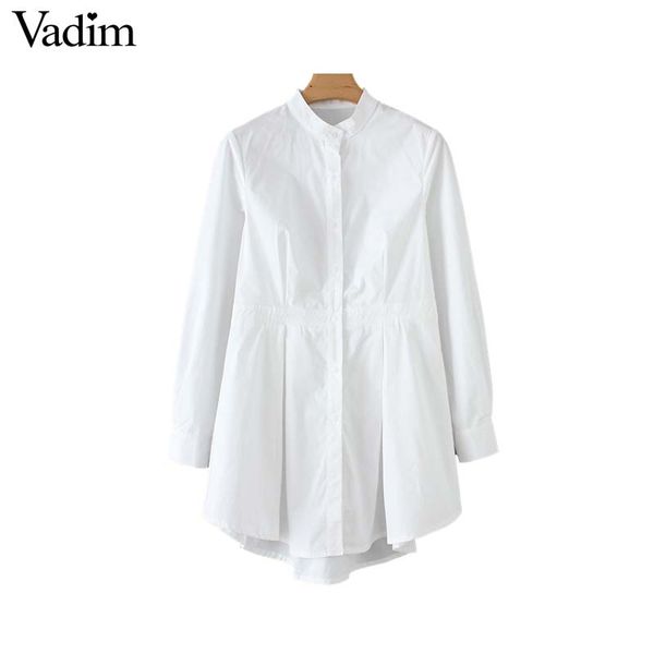 

vadim women chic white long blouse asymmetrical long sleeve stand collar pleated shirt solid female casual blusas la465