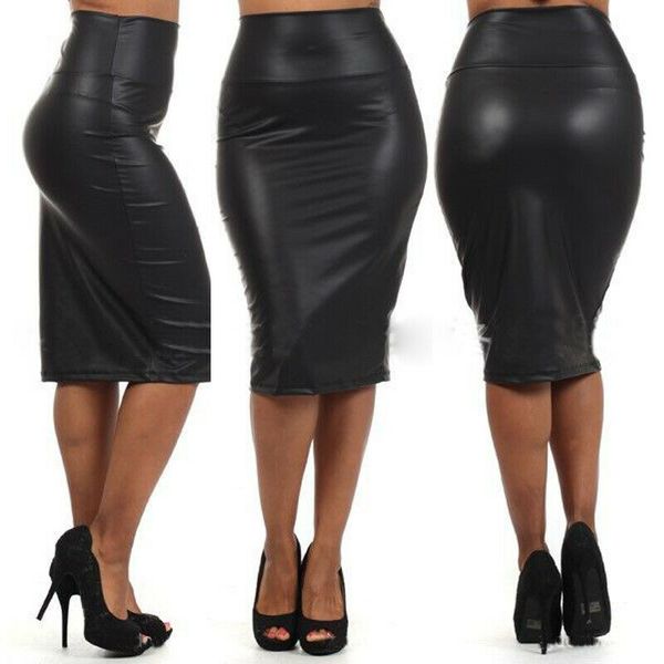 

vintage pu faux leather skirts for women ladies office lady high waist knee-length solid pencil skirt bandage body women clothes, Black