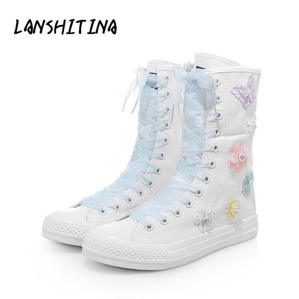 

women sneakers white canvas shoes fashion flowers high canvas shoes for women platform sneakers casual trainer boots, Black