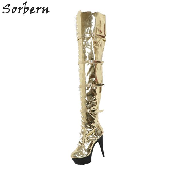

light gold metallic boots crotch thigh high platform high heel platform custom wide fit long boots designer heels, Black