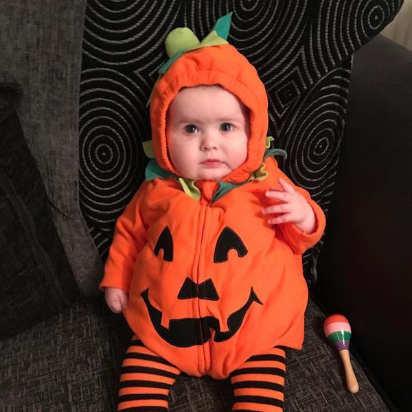 

newborn baby winter clothes kids girls halloween party clothing pumkin print romper zipper hooded long sleeve rompers costume, Blue