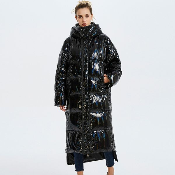 

90% white duck down jacket women winter down jacket 2019 shining fabric stand collar female parka short loose coat outwear, Black