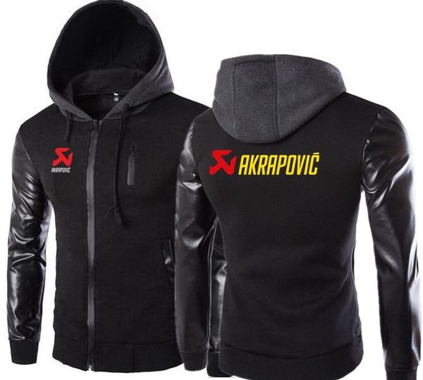 

motorcycle hoodies men leather sleeve sweatshirt male hoody tracksuit hip hop autumn winter akrapovic decal hooded jacket h, Black