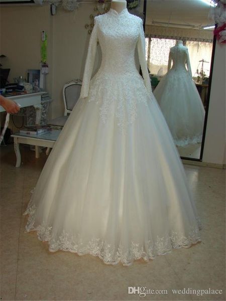 

vintage muslim wedding dresses long sleeves lace high neck modest white tulle a line custom made real african bridal wedding gowns 2020