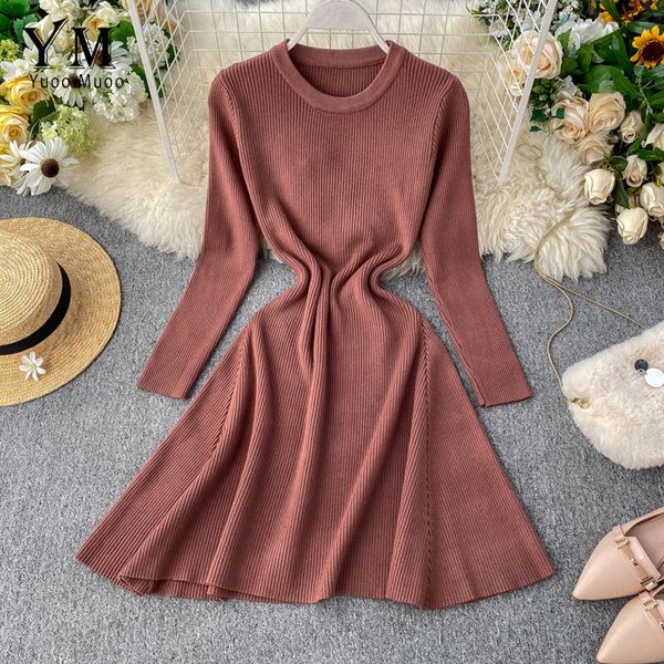

yuoomuoo elegant women knitted dress a line long sleeve female autumn winter soft sweater dress chic korean fashion short, Black;gray