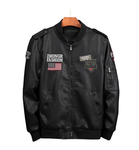 

designer men's leather jacket men's leather flight jackets long sleeve fashion thick streetwear hip hop style highstreet plus size, Black