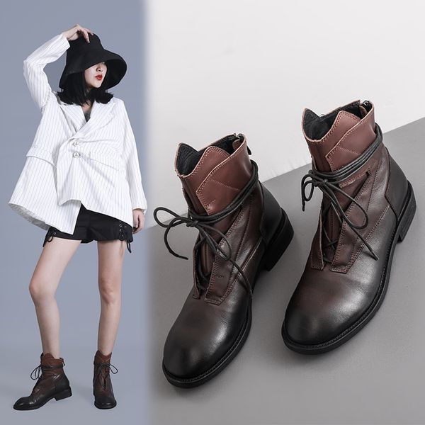 

genuine leather low heels women ankle boots autumn winter warm night club shoes woman cross tied motocycle boots, Black