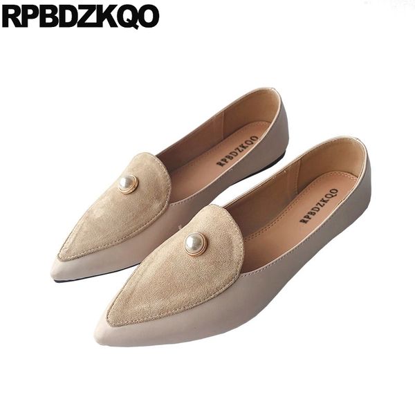 

embellished women pearl pointy pointed toe retro designer slip on shoes china vintage flats suede 2018 chinese size 35, Black