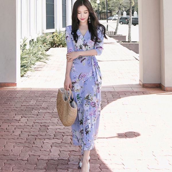 

floral print boho long dress women tie waist 2019 maxi dresses vestidos side split casual beach summer dress large size, Black;gray