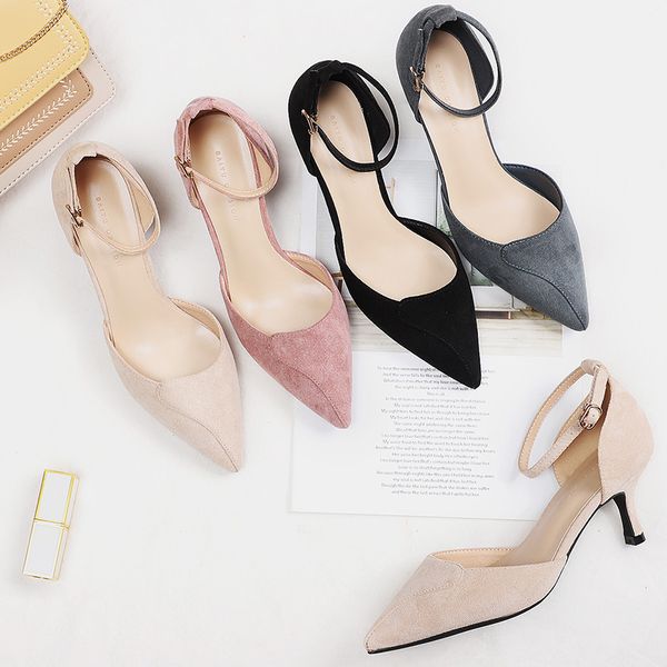 

summer new women pumps word buckle summer single shoes hollow pointed fine with high heels women shoes woman wedding party, Black