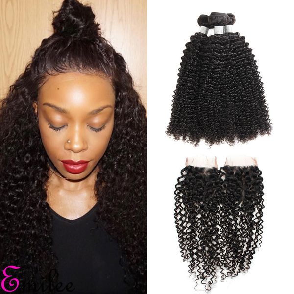 

emilee kinky curly remy hair bundles with lace closure afro curly human hair weave bundles with baby hair, Black