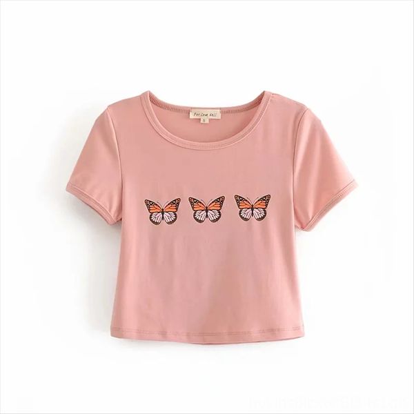 

ins blogger holiday style elegant pink three butterflies printed navel short-sleeved t-shirt t-shirt butterfly butterfly female, White