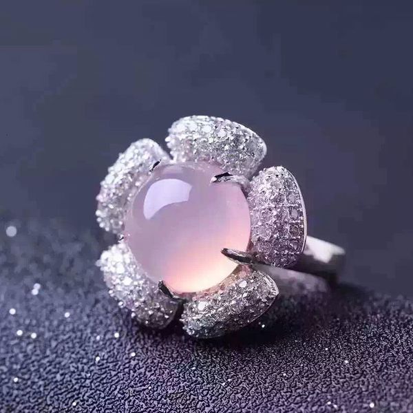 

genuine natural pink chalcedony stone ring 925 sterling silver woman madam gem jewelry lady flower rings cj191205, Slivery;golden