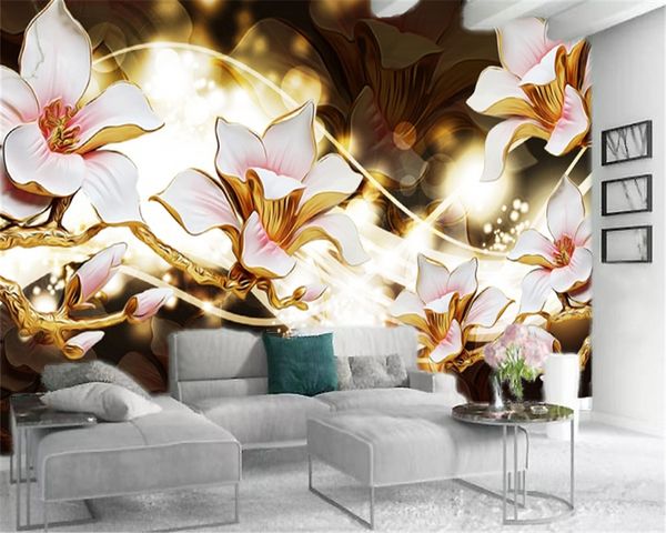 Living 3d Wallpaper HD 3d in rilievo oro rosa fiore di magnolia carta da parati personalizzata decorazione floreale fantasia floreale