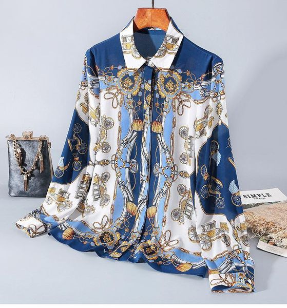 

spring 2020 for european and american women's wear fashionable carriage print silk shirt long sleeve lapel, White