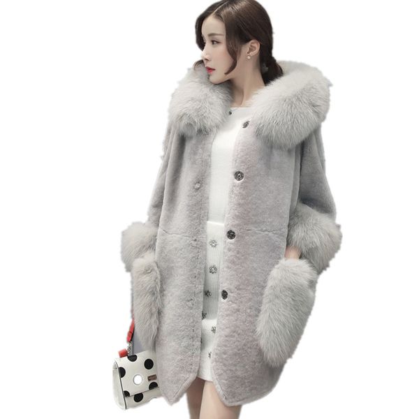 

furry 2019 women winter coat high imitation faux fur coat women faux fur collar hooded jacket medium-long overcoat s-4xl, Black