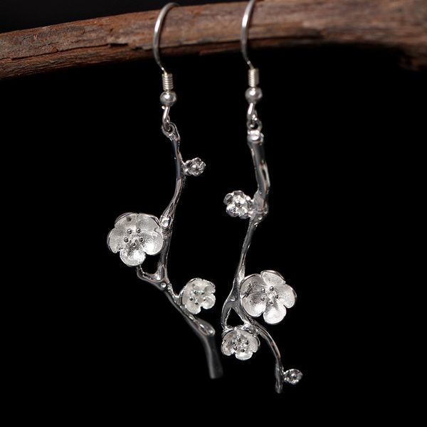 

vintage style asymmetric plum flower leaf dangle earrings new authentic 925 sterling silver long earring for women fine jewelry, Black