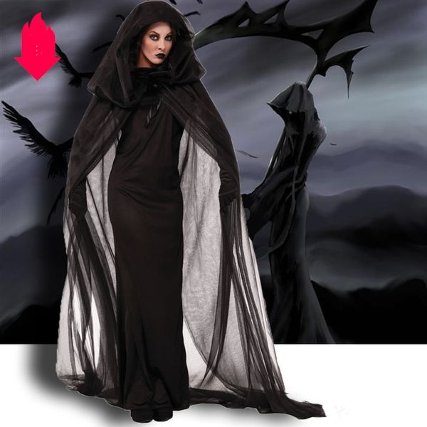 

halloween costume luxury womens suits with cloak+dresses+gloves designer halloween dresses for women horror god of death robes size s-2xl, Black;red