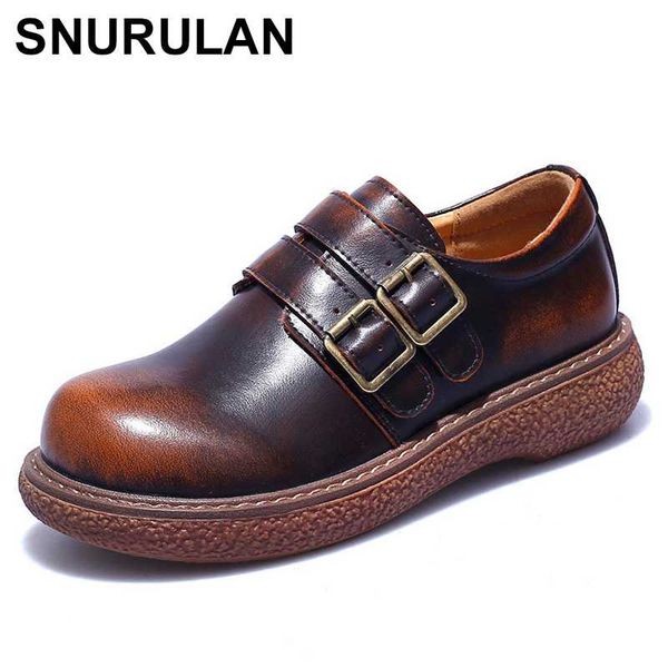 

snurulan100% oxford vintage genuine cow leather shoes for women 2019 spring autumn british style round toe flat shoes for women, Black
