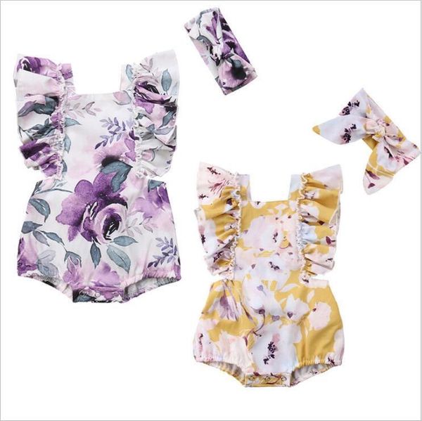 Baby Macacão Feitiantes Terno Meninas Floral Verão Jumpsuits Recém-nascido Casual Onesies Infantil Borboleta De Manga Impressão Bodysuit Escalada Roupas C5958