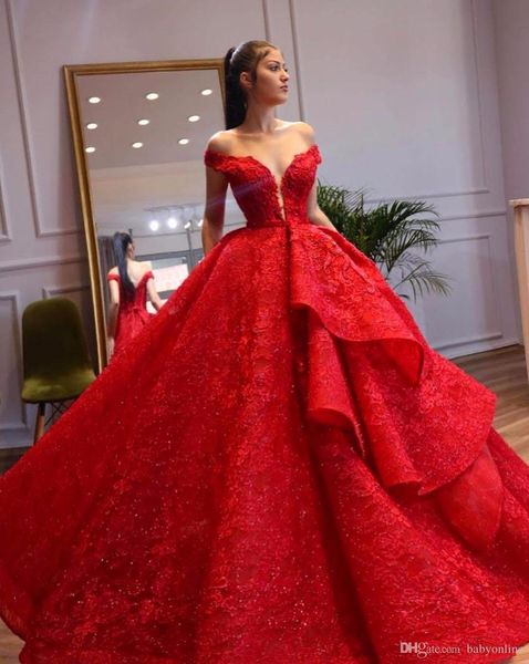 Deslumbrante camada vermelho vestidos de noite elegante fora do ombro rendas apliques de contas lantejoulas babados inchado formal prom pagenat vestidos quinceanera