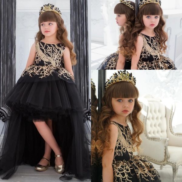 New bonito preto Comprimento Meninas Pageant Vestidos Jewel Neck ouro Lantejoulas Lace Hi Lo Backless Tulle mangas Miúdos do casamento Flor Meninas Vestidos