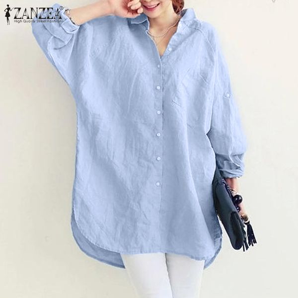 

2020 zanzea women's blouse stylish button shirts casual long sleeve blusas female lapel solid tunic plus size baggy chemise 5xl, White