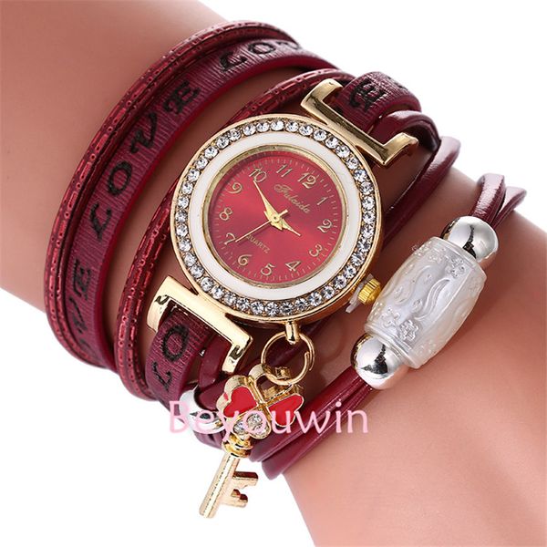 

100pcs/lot fashion braided lady wrap around watch key pendant crystal lady bracelet leather watch for girl, Slivery;brown