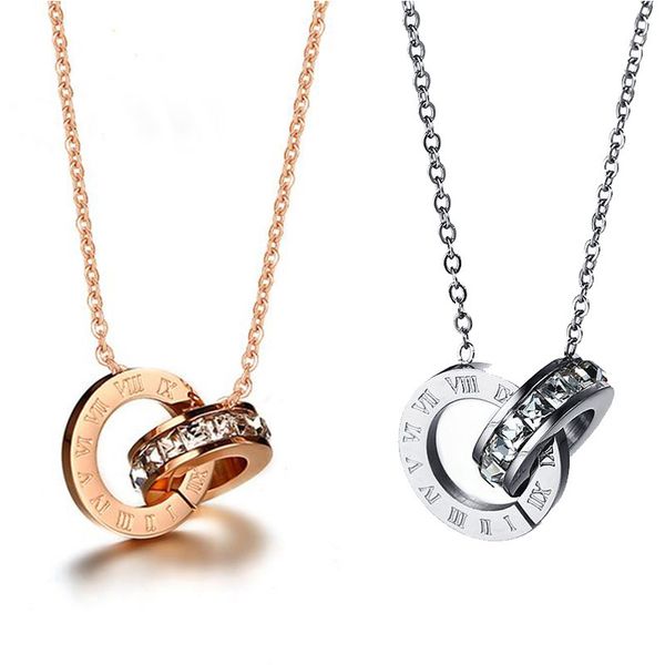 

2019 simple double round crystal roman numerals pendant necklace fashion women titanium steel rose gold exquisite jewelry gifts, Silver