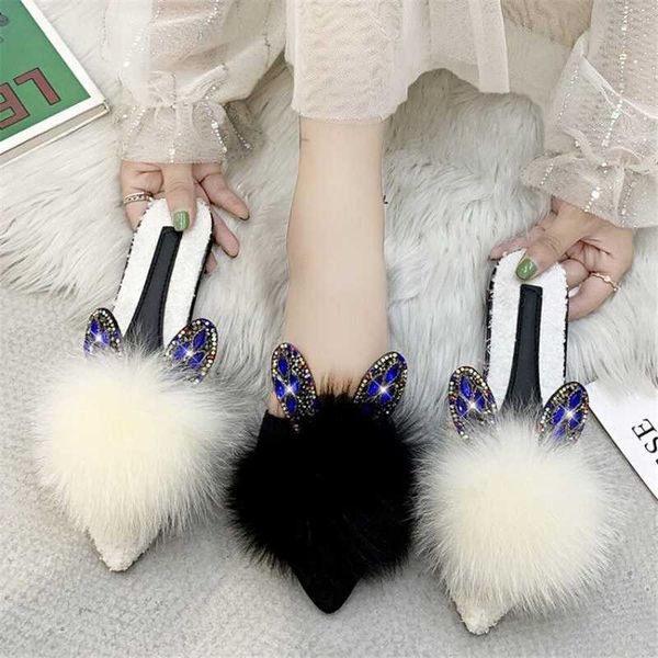 

inddor women home slippers fur fashion shoes ladies slip on female slides ear rhinestone decoration cute fltas, Black