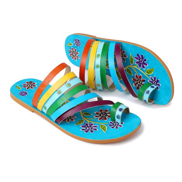 Venda quente-Verão Bohemian Mulheres Sapatos Arco-Íris Colorido Chinelos Plana Designer Senhoras Sandálias Chinelos de Praia Flip Flops Slides