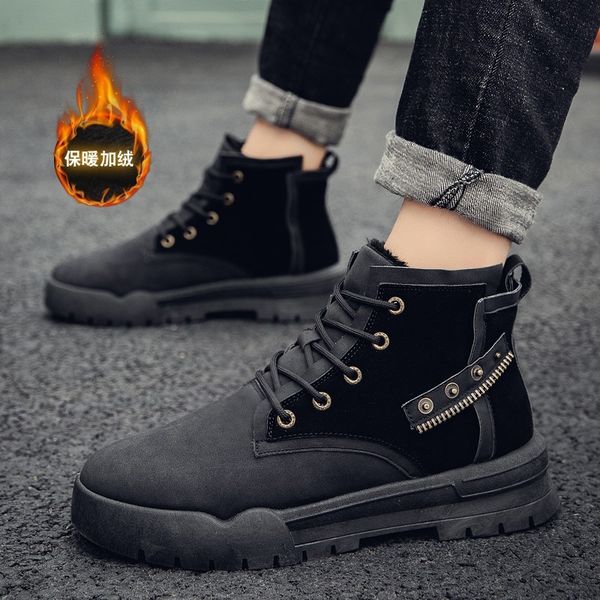 

season 2020 high help increase down keep warm male shoe england leisure time snowfield boots cotton-padded shoes sneakers, Black